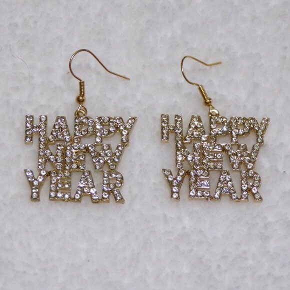 NEW Gold Happy New Year Earrings Crystal Rhinestones - Picture 2 of 5